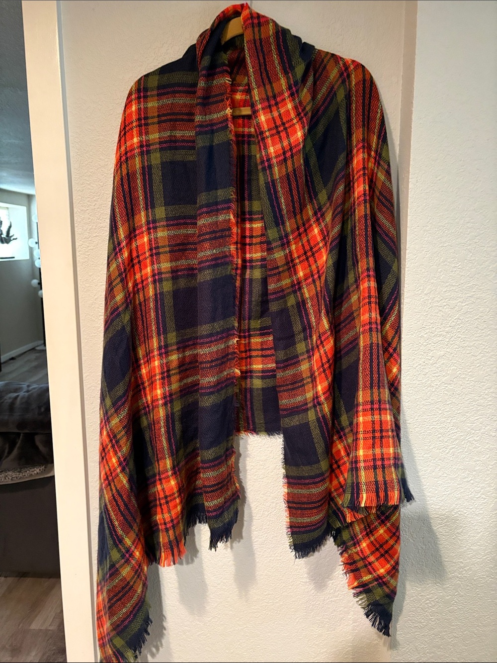 Plaid Fringe Blanket Scarf in Orange, Navy, Yellow & Olive